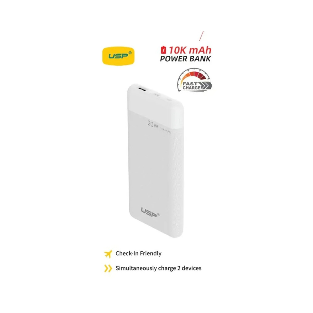 USP 6976552043762 10K mAh Power Bank White - 20W Fast Charge, 1x USB-C, 1x USB-A, Built-in Electricity Indicator Light, Fire-Resistant, 2 Years Warranty - Image 1