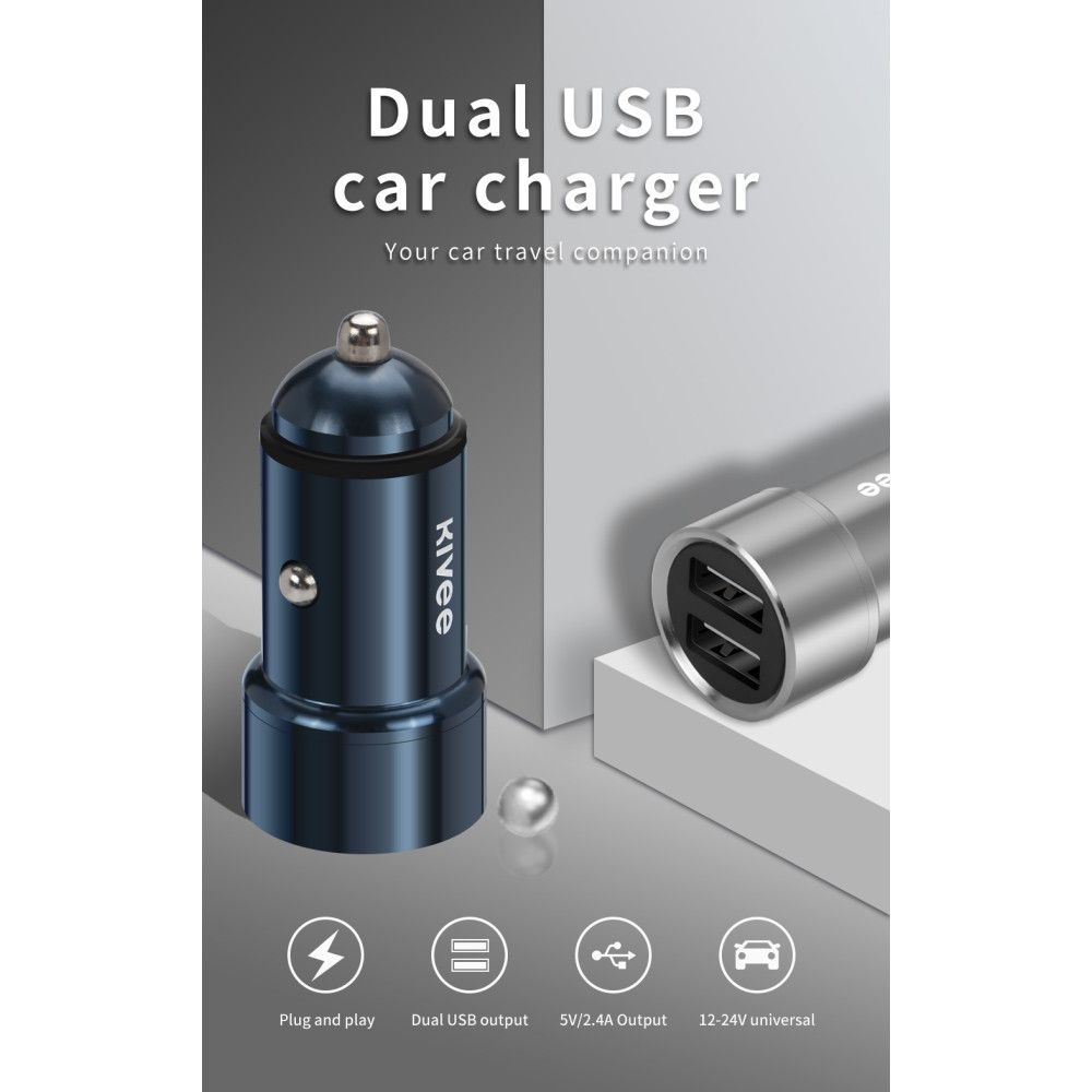 KIVEE 6971239575673 UT202 car charger with Dual USB - DC 12-24V for Cars, Vans, Trucks, 2.4A x 2 -Dark Blue - Image 1