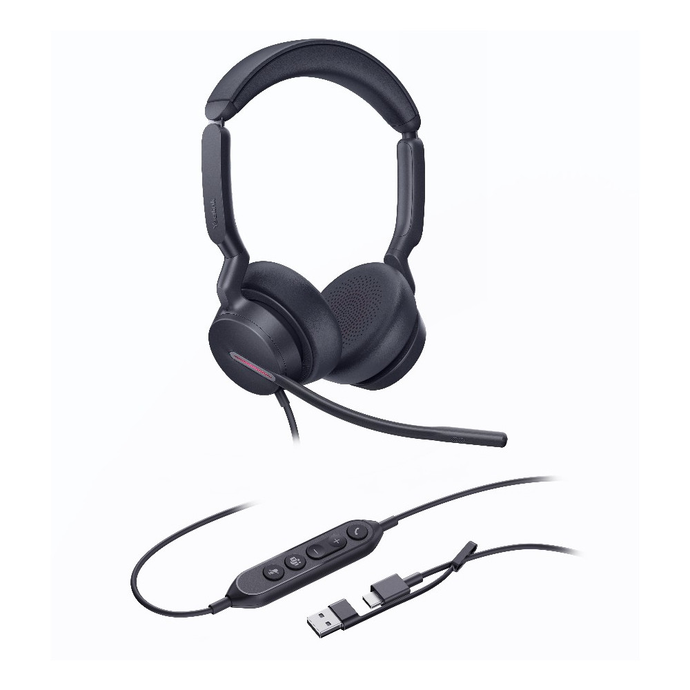 Yealink UH46-D-MS-C/A UH46 Dual Teams USB-C/A Microsoft Certified Teams USB Wired Headset 3-Noise-Canceling Microphones 35mm Speaker Busylight Leather Controller - Image 1