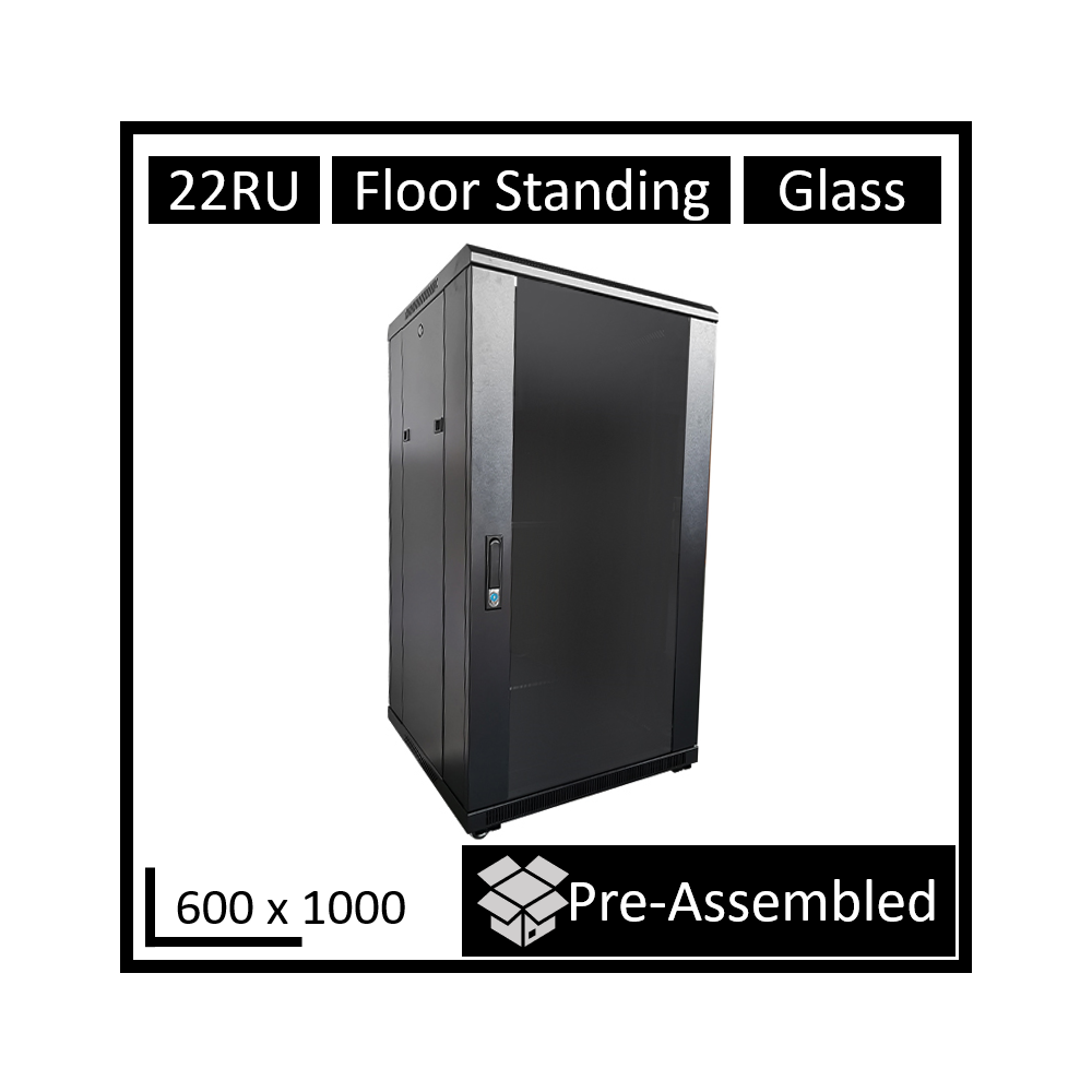 LDR WB-NC602215B Assembled 22U Server Rack Cabinet (L600mm x W1000mm x H1070mm), Glass Door,1x 8-Port PDU, 1x 4-Way Fan, 2x Fixed Shelves -Black Metal Construction - Image 1