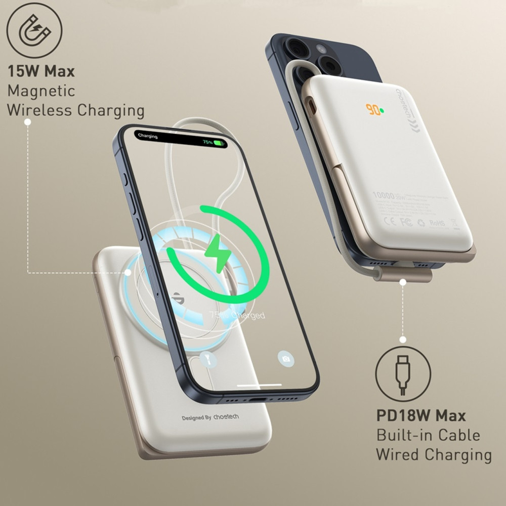 Choetech 6932112108401 B735WH 10000mAh 20W MagLeap Wireless Power Bank White with Phone Holder & Build-in Cable - Image 2