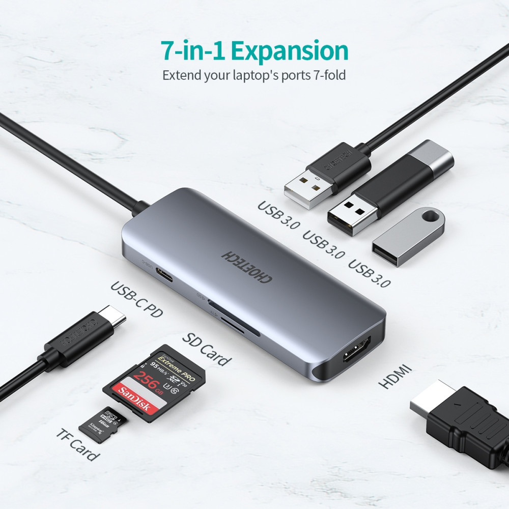 Choetech 6971824976069 HUB-M19 USB-C 7 in 1 Multifunction Adapter - Image 4