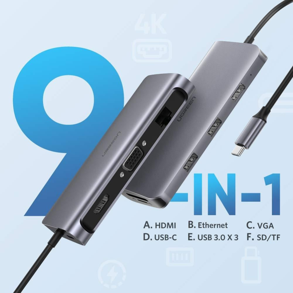 UGREEN 6957303848737 40873 USB Type C 9 in 1 Multifunction Adapter- HDMI/ VGA/Gigabit/TypeC/USB3.0 x 3/SD/TF - Image 2