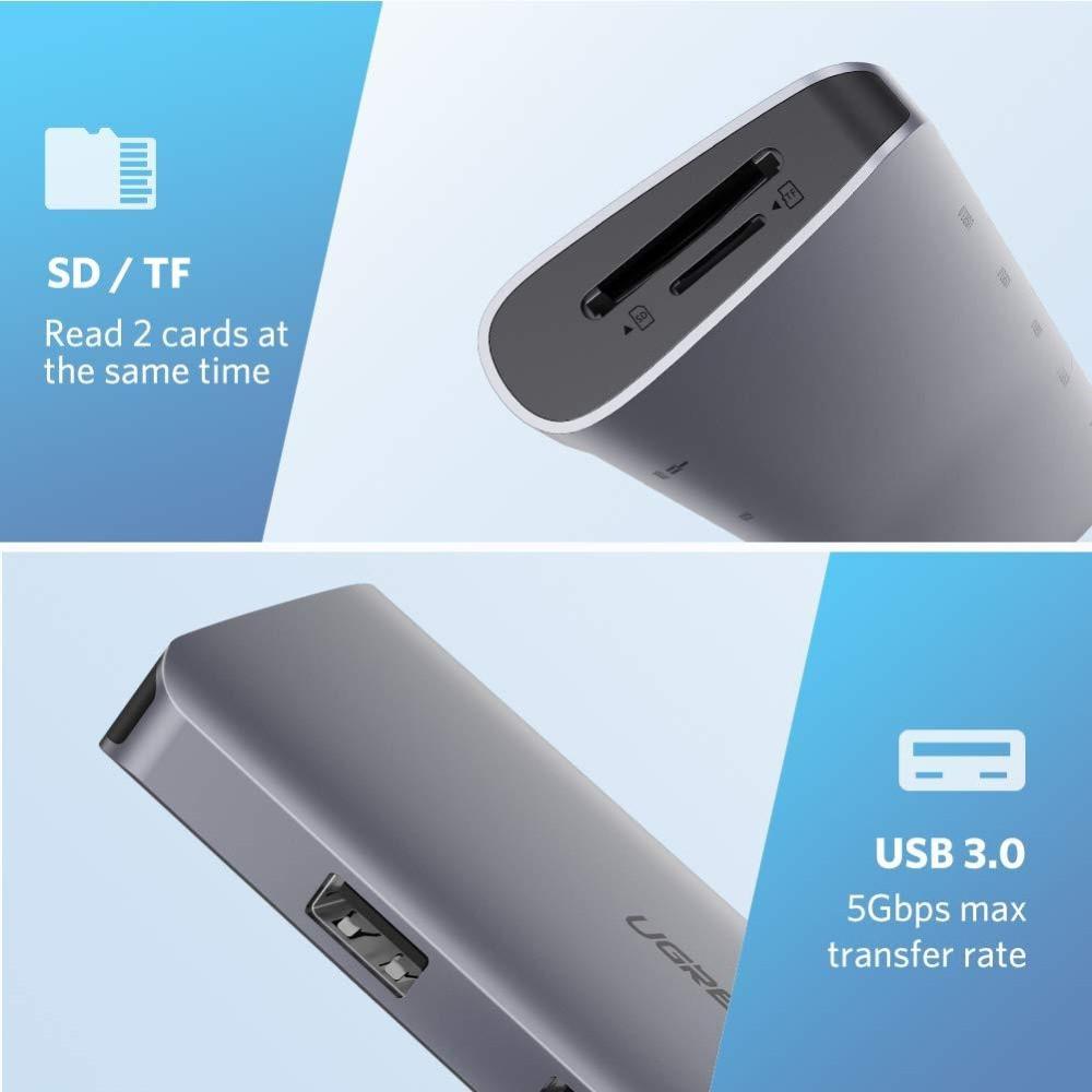 UGREEN 6957303848737 40873 USB Type C 9 in 1 Multifunction Adapter- HDMI/ VGA/Gigabit/TypeC/USB3.0 x 3/SD/TF - Image 5