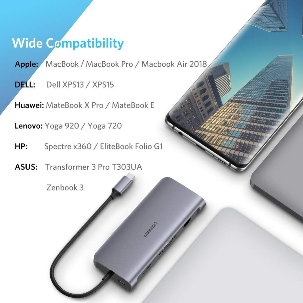 UGREEN 6957303848737 40873 USB Type C 9 in 1 Multifunction Adapter- HDMI/ VGA/Gigabit/TypeC/USB3.0 x 3/SD/TF - Image 6