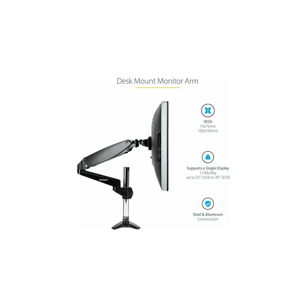 StarTech ARMPIVOTE2 Mounting Arm for Flat Panel Display, Monitor, Curved Screen Display - Height Adjustable - 1 Display(s) Supported - 81.3 cm to 124.5 cm (49") Screen Support - 8 kg Load Capacity - 75 x 75, 100 x 100 - VESA Mount Compatible - S - Image 3