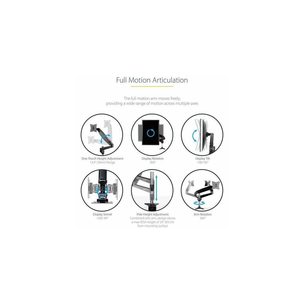 StarTech ARMPIVOTE2 Mounting Arm for Flat Panel Display, Monitor, Curved Screen Display - Height Adjustable - 1 Display(s) Supported - 81.3 cm to 124.5 cm (49") Screen Support - 8 kg Load Capacity - 75 x 75, 100 x 100 - VESA Mount Compatible - S - Image 4