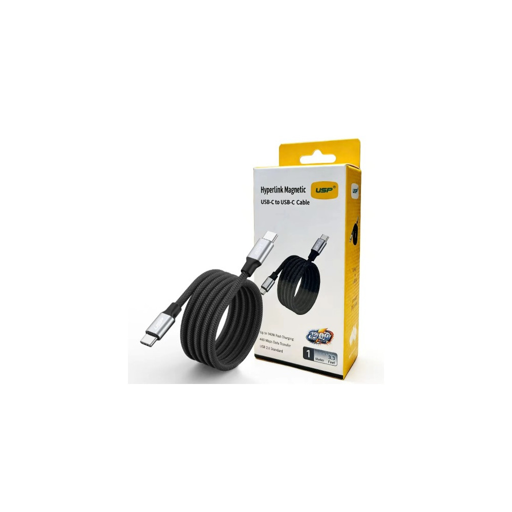 USP 6976552044424 Braided HyperLink USB-C to USB-C (1M) Magnetic Cable - Black, Charge & Connect,Digital Display,140W PD, 5 Years Warranty - Image 1