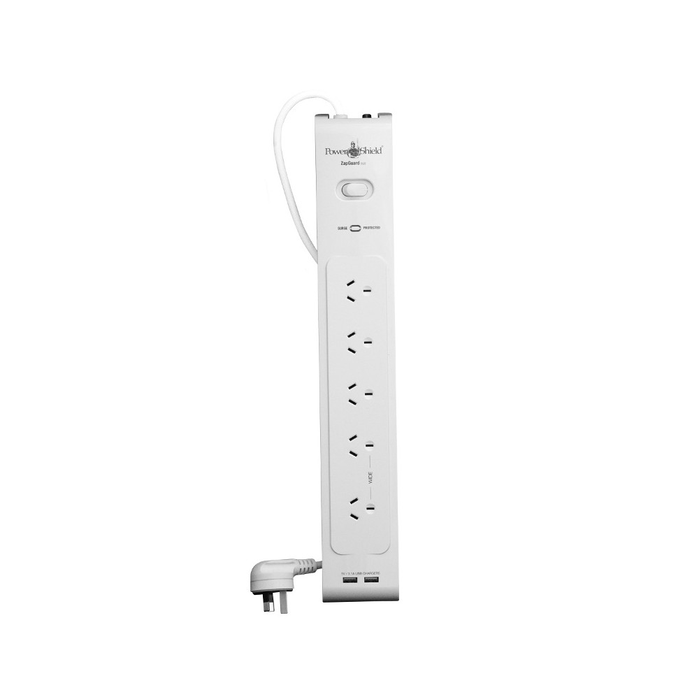 PowerShield PSZ5U2 ZapGuard 5 Way Power Surge Filter Board, 2 x USB Connectors, Wide Spaced Sockets, Wall Mountable, $40,000 Connected Equipment - Image 1