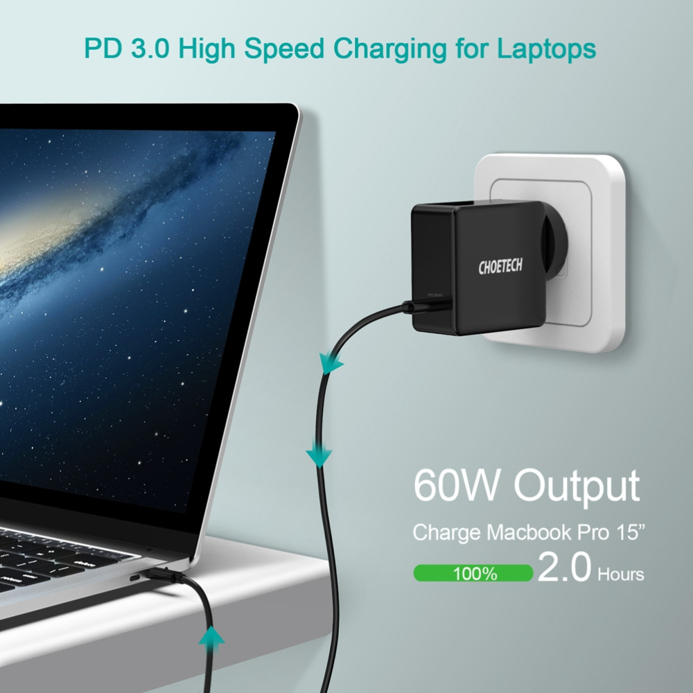 Choetech 6971824975048 Q4004 60W PD3.0 USB-C Fast Charger for Phone, iPad & Macbooks - Image 2