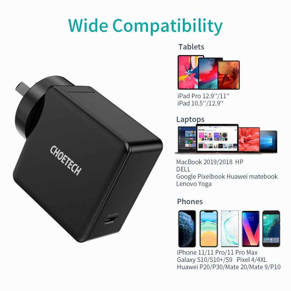 Choetech 6971824975048 Q4004 60W PD3.0 USB-C Fast Charger for Phone, iPad & Macbooks - Image 3