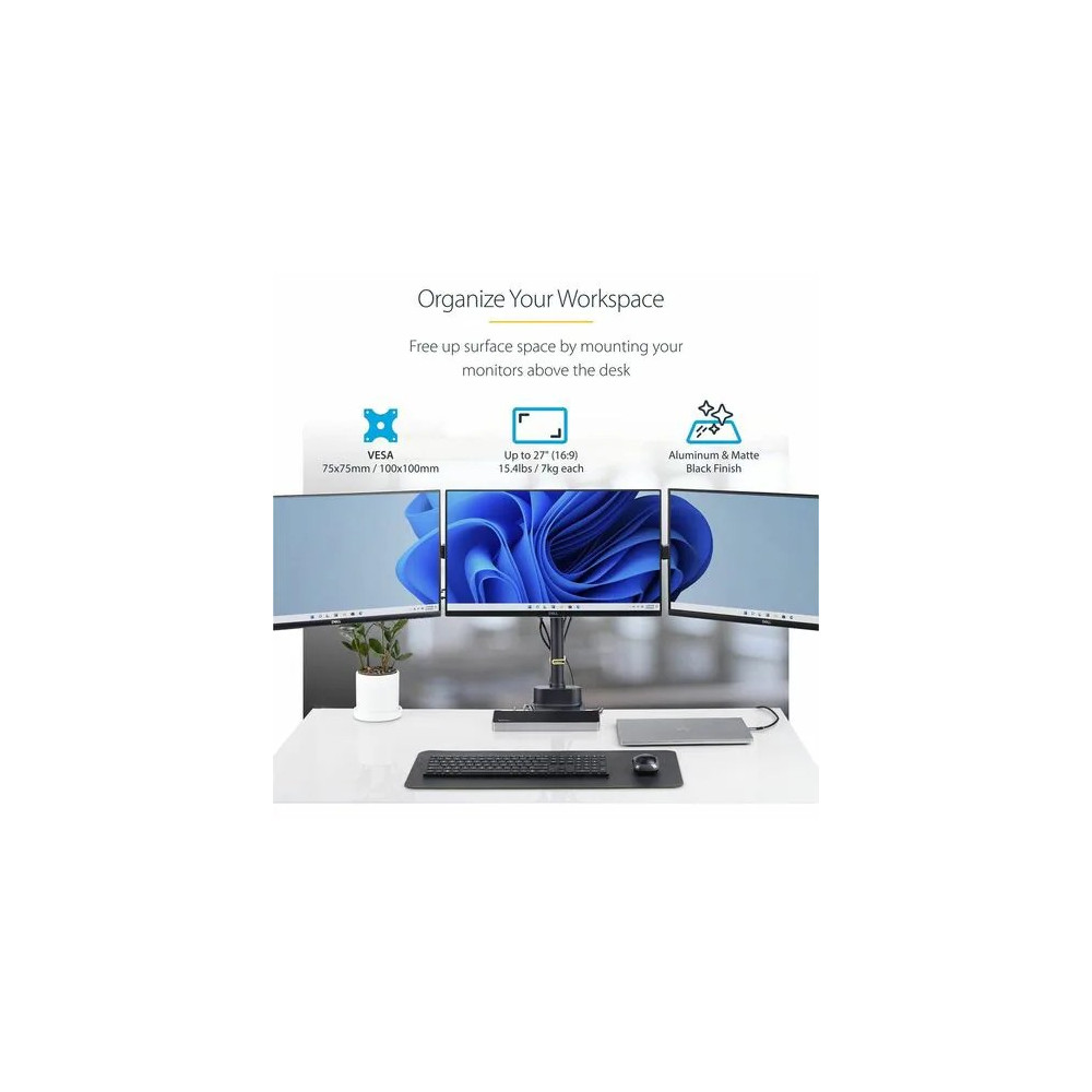 StarTech 3MP2AG-MONITOR-ARM Triple Monitor Desk Mount For Up To Three 27in Screens, VESA 75x75/100x100, Tool-Less Arm Adjustments, C-Clamp/Grommet - Triple monitor desk mount for 27in displays, VESA 75x75/100x100; Spring-assisted arms w/multiple - Image 3