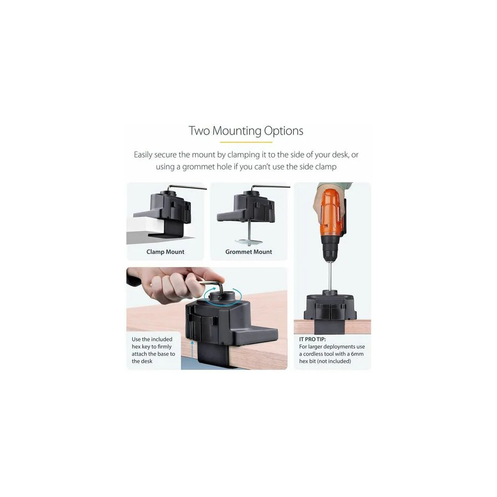 StarTech 3MP2AG-MONITOR-ARM Triple Monitor Desk Mount For Up To Three 27in Screens, VESA 75x75/100x100, Tool-Less Arm Adjustments, C-Clamp/Grommet - Triple monitor desk mount for 27in displays, VESA 75x75/100x100; Spring-assisted arms w/multiple - Image 5
