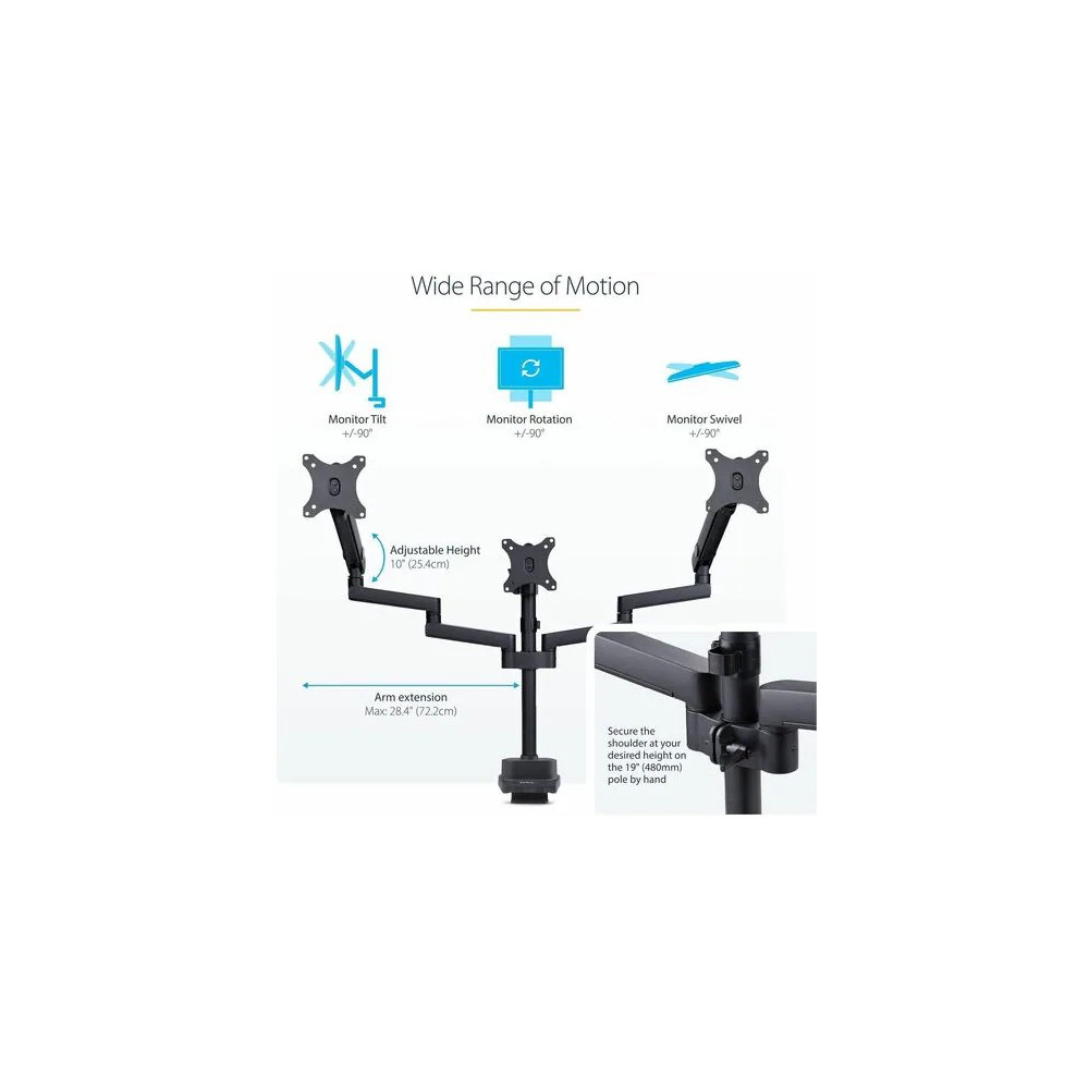 StarTech 3MP2AG-MONITOR-ARM Triple Monitor Desk Mount For Up To Three 27in Screens, VESA 75x75/100x100, Tool-Less Arm Adjustments, C-Clamp/Grommet - Triple monitor desk mount for 27in displays, VESA 75x75/100x100; Spring-assisted arms w/multiple - Image 6