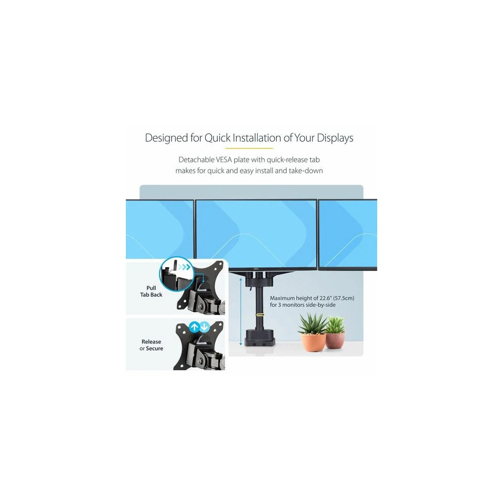 StarTech 3MP2AG-MONITOR-ARM Triple Monitor Desk Mount For Up To Three 27in Screens, VESA 75x75/100x100, Tool-Less Arm Adjustments, C-Clamp/Grommet - Triple monitor desk mount for 27in displays, VESA 75x75/100x100; Spring-assisted arms w/multiple - Image 7