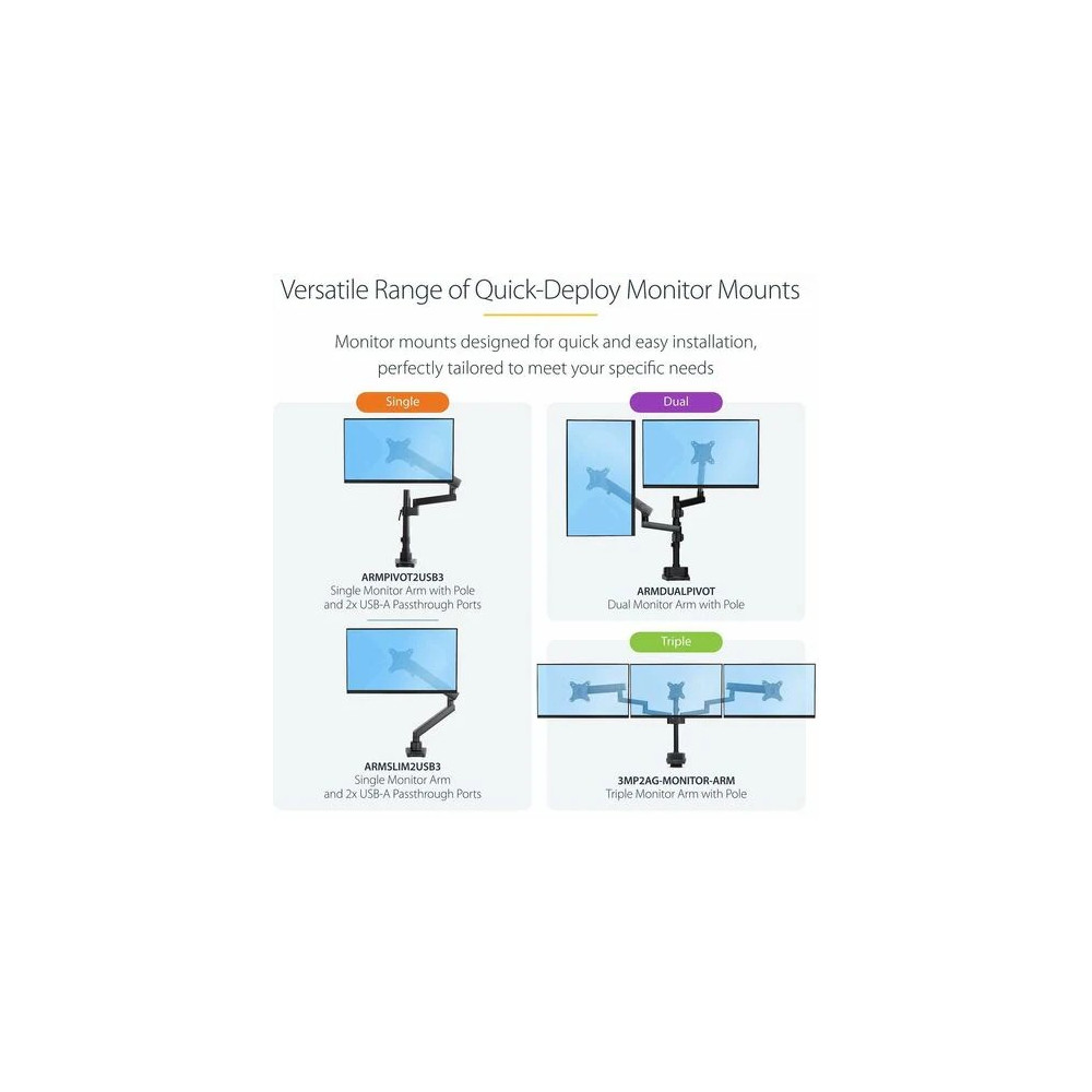 StarTech 3MP2AG-MONITOR-ARM Triple Monitor Desk Mount For Up To Three 27in Screens, VESA 75x75/100x100, Tool-Less Arm Adjustments, C-Clamp/Grommet - Triple monitor desk mount for 27in displays, VESA 75x75/100x100; Spring-assisted arms w/multiple - Image 8