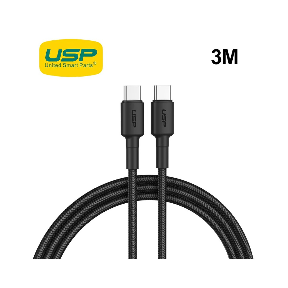 USP 6972890207071 BoostUp Cafule Braided USB-C to USB-C Cable (3M) Black - 3A, Strong & Durable, Bend-resistant, Nylon Braid, USB-C Compatibility, 5 Years Warranty - Image 1