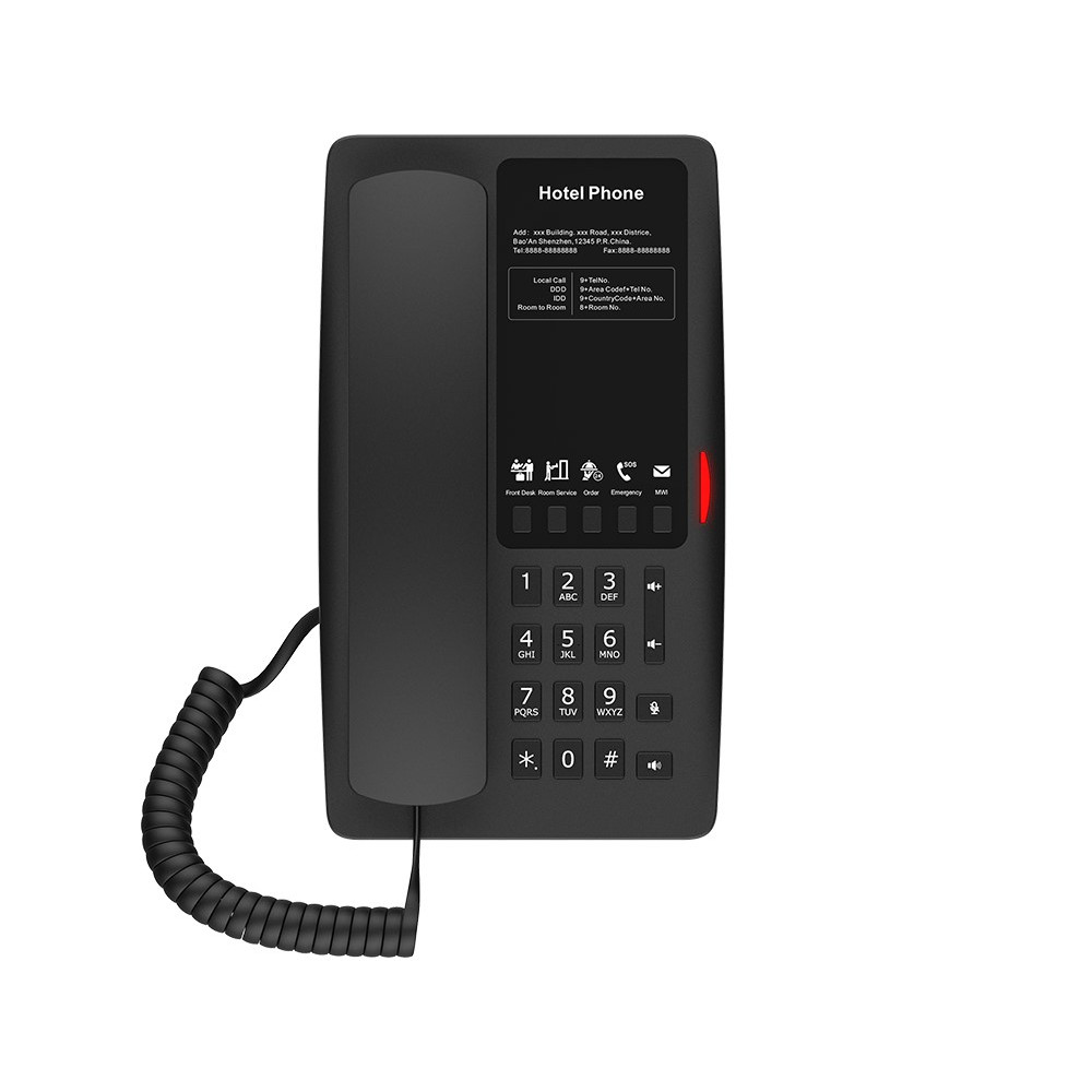 Fanvil H4 , Hotel IP Phone, Black, Cost-effective hotel IP phone, HD voice, 0/100Mbps Ethernet, and PoE, 5 programmable soft keys - Image 1