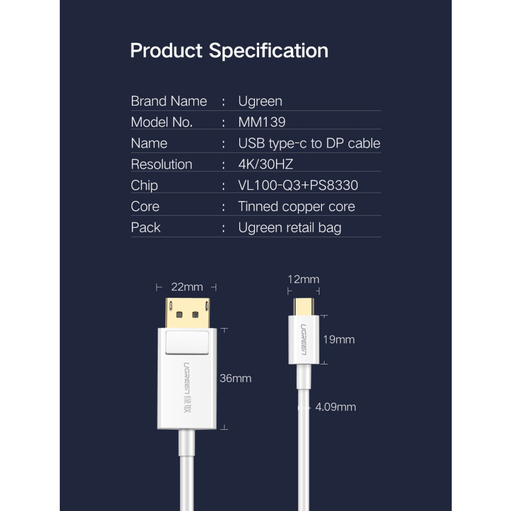 UGREEN 6957303844203 40420 USB-C male to DP male Cable 1.5M White - Image 7