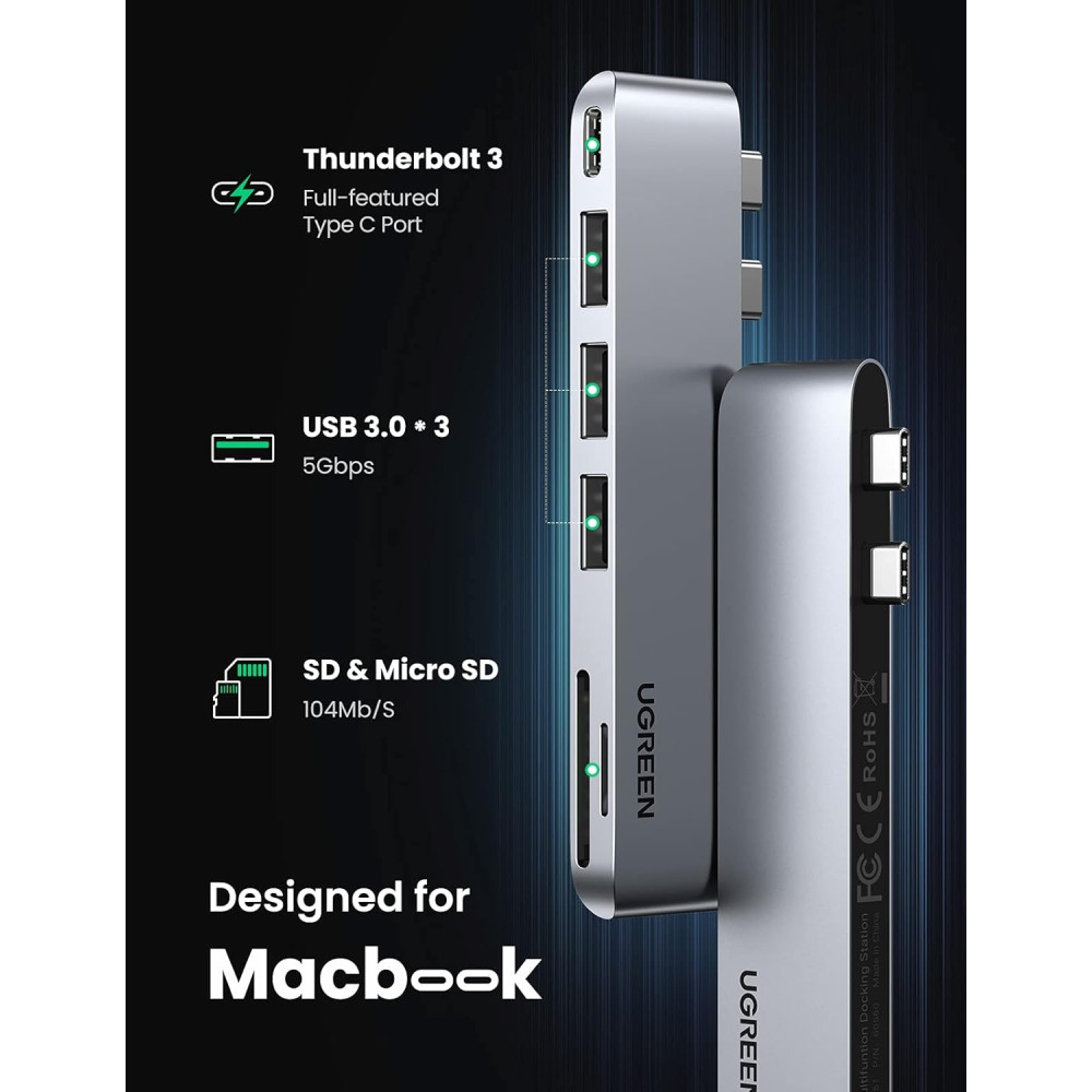 UGREEN 6957303865604 60560 USB C Hub for MacBook Aluminum Type C Adapter with 3 USB 3.0 100W - Image 2
