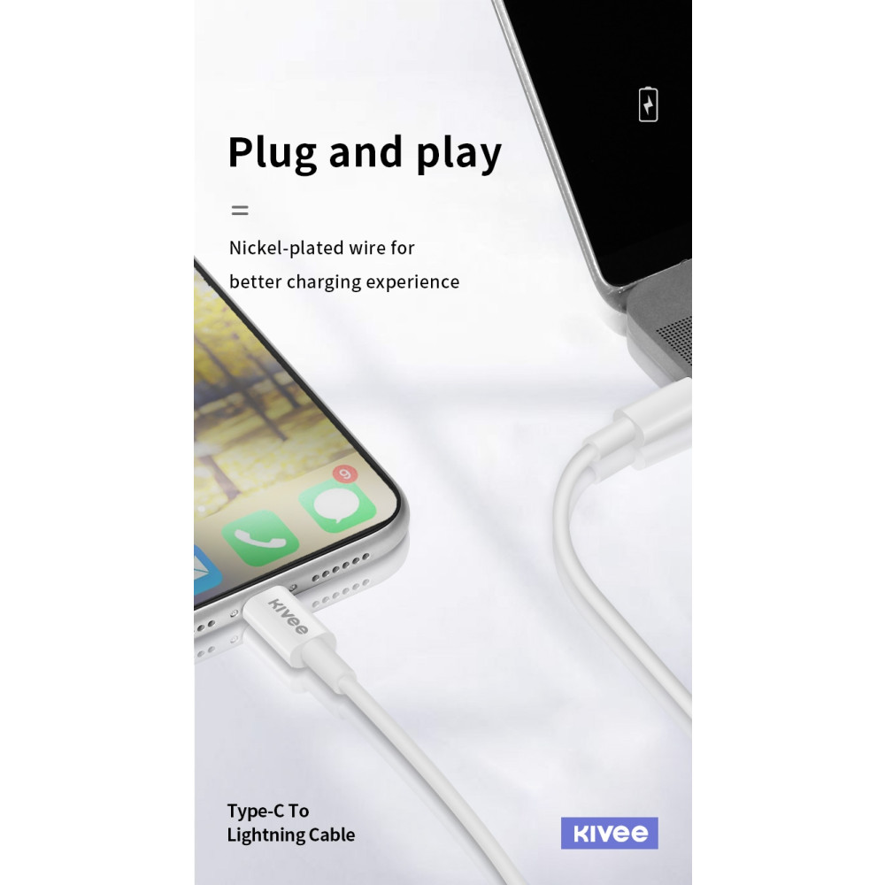 KIVEE 6941256100295 CT206 USB-C Male to Lightning Male DP 18W Fast Charging cable 1M - Image 2