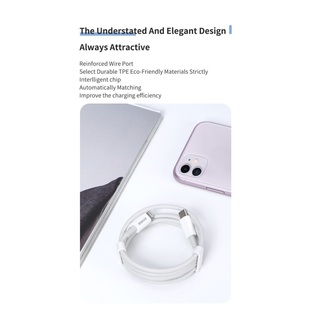 KIVEE 6941256100295 CT206 USB-C Male to Lightning Male DP 18W Fast Charging cable 1M - Image 3