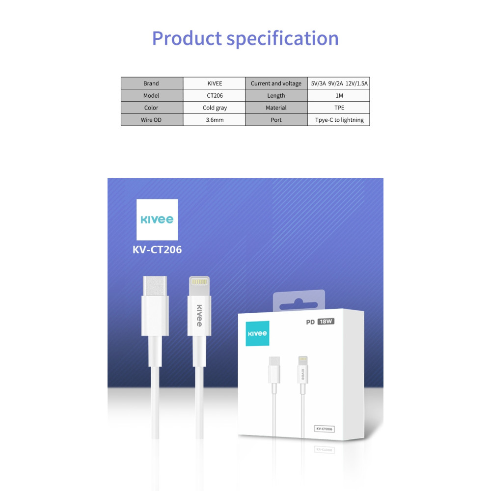 KIVEE 6941256100295 CT206 USB-C Male to Lightning Male DP 18W Fast Charging cable 1M - Image 4