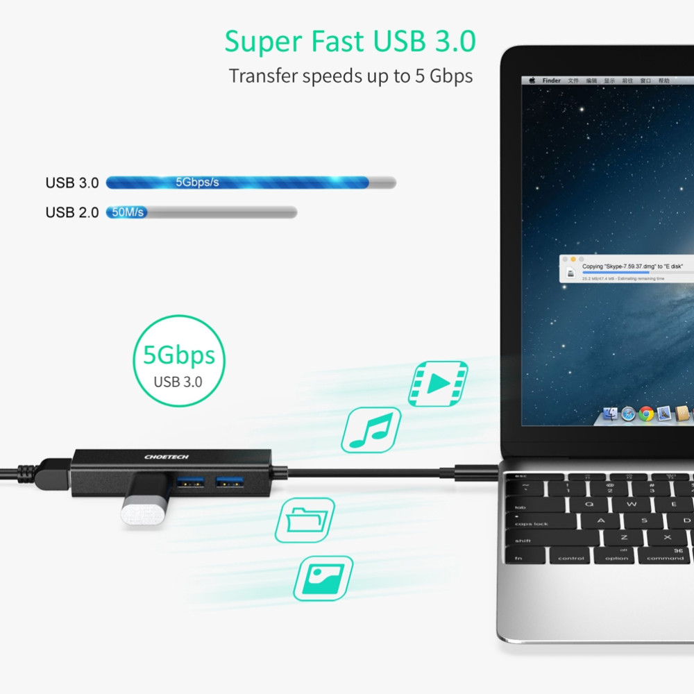 Choetech 6971824970630 HUB-U02 4-in-1 USB-C to Gigabit Ethernet + 3 x USB3.0 Adapter - Image 2