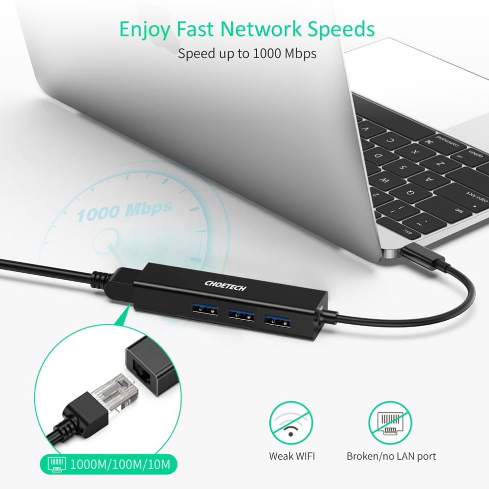 Choetech 6971824970630 HUB-U02 4-in-1 USB-C to Gigabit Ethernet + 3 x USB3.0 Adapter - Image 3