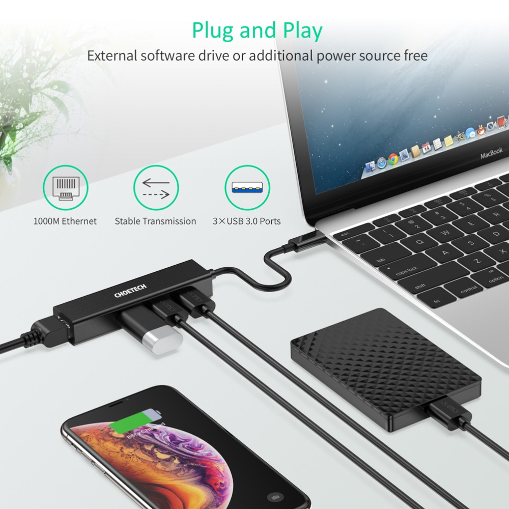Choetech 6971824970630 HUB-U02 4-in-1 USB-C to Gigabit Ethernet + 3 x USB3.0 Adapter - Image 5