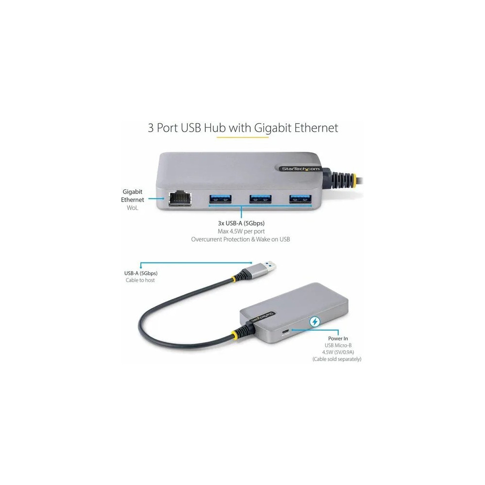 StarTech 5G3AGBB-USB-A-HUB 3-Port USB Hub with Ethernet, USB-A Ports, Gigabit Ethernet/GbE, 5Gbps, Bus-Powered, 1ft/30cm Cable, Portable Laptop USB Hub - Portable USB Expansion Hub w/Gb Ethernet RJ45 (WoL/Jumbo Frames/V-LAN Tagging) for laptop/d - Image 3