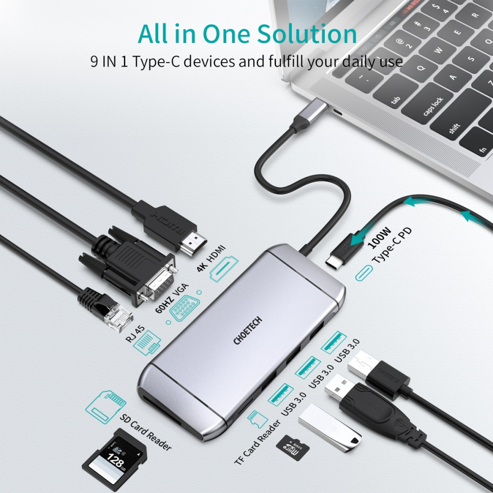 Choetech 6971824975055 HUB-M15 USB-C 9 in 1 Multifunction Adapter - Image 5