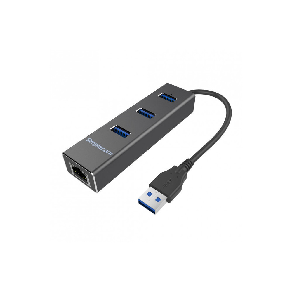Simplecom CHN410-BLACK CHN410 Black Aluminium 3 Port USB 3.0 HUB with Gigabit Ethernet Adapter 1000Mbps for PC MAC - Image 1