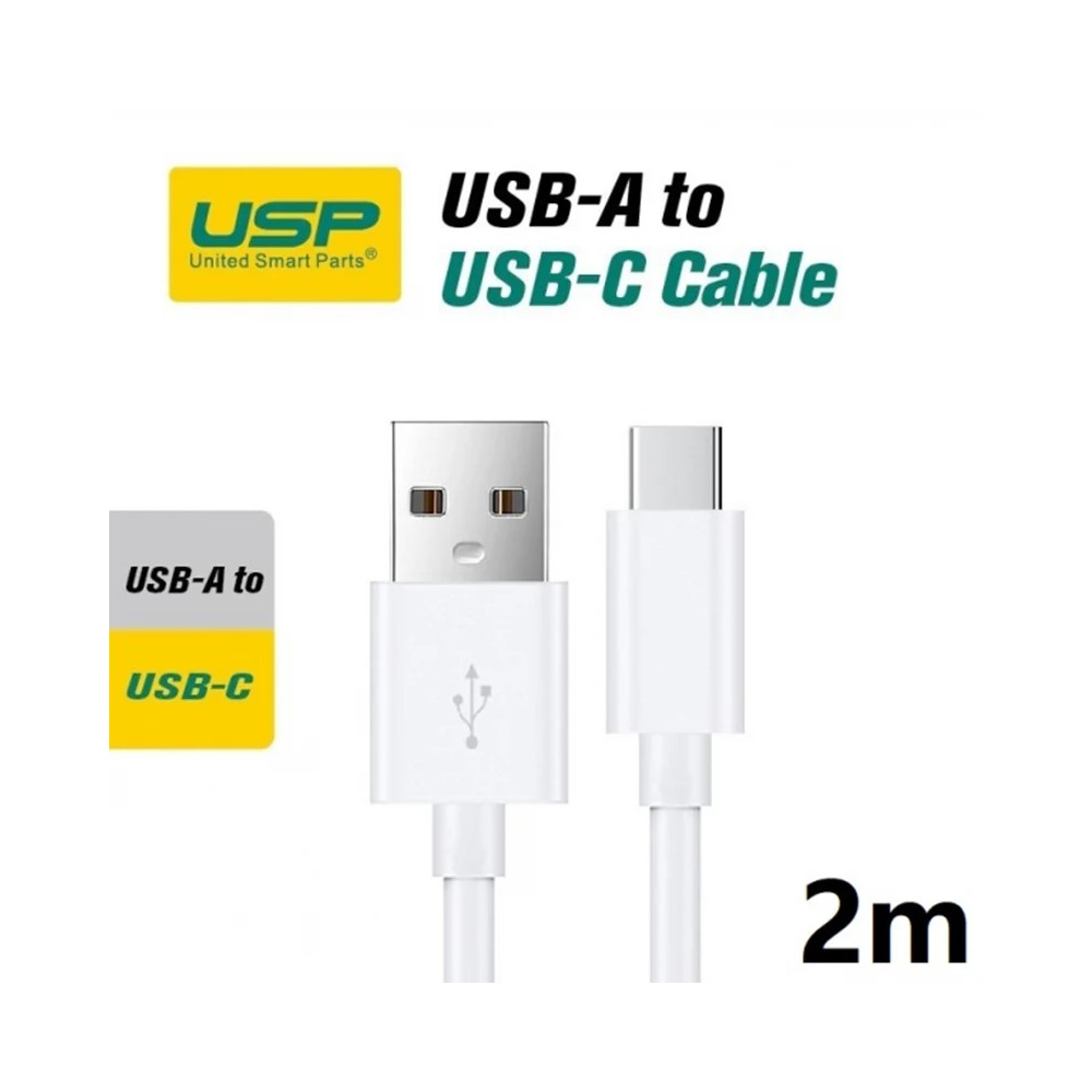 USP 6972890207545 USB-C to USB-A Cable (2M) White - 3A, Durable, Fast Charge, High Quality, Samsung Galaxy, iPad, MacBook, Google, OPPO, Nokia, 5 Years Warranty - Image 1