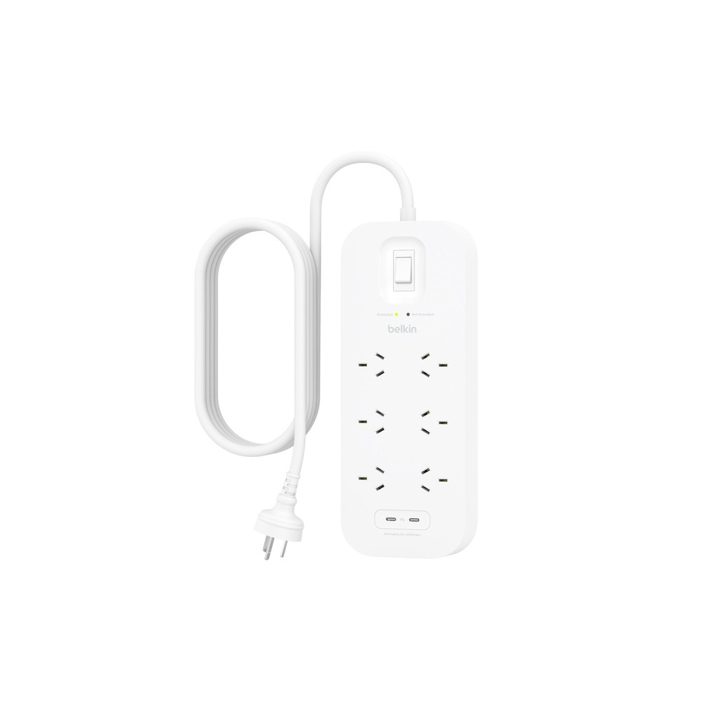 Belkin SRB006AU2M SurgePro 6-Outlet Surge Protector With Dual USB-C (30W) - White, 2M Power Cord, 650 Joules, $50,000 CEW, 2 Years Warranty - Image 1