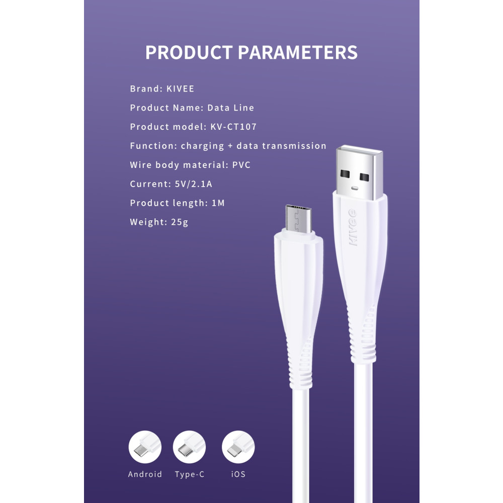KIVEE 6971239573518 CT107 Lightning to USB Charging Cable 1M White - Image 5