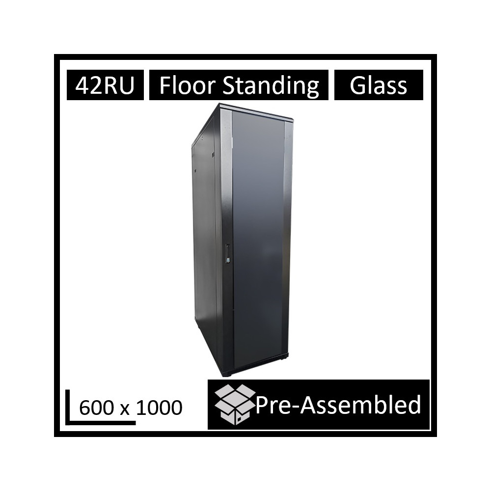 LDR WB-NC604215B Assembled 42U Server Rack Cabinet (600mm x 1000mm) Glass Door, 1x 8-Port PDU, 1x 4-Way Fan, 2x Fixed Shelves - Black Metal Construction - Image 1
