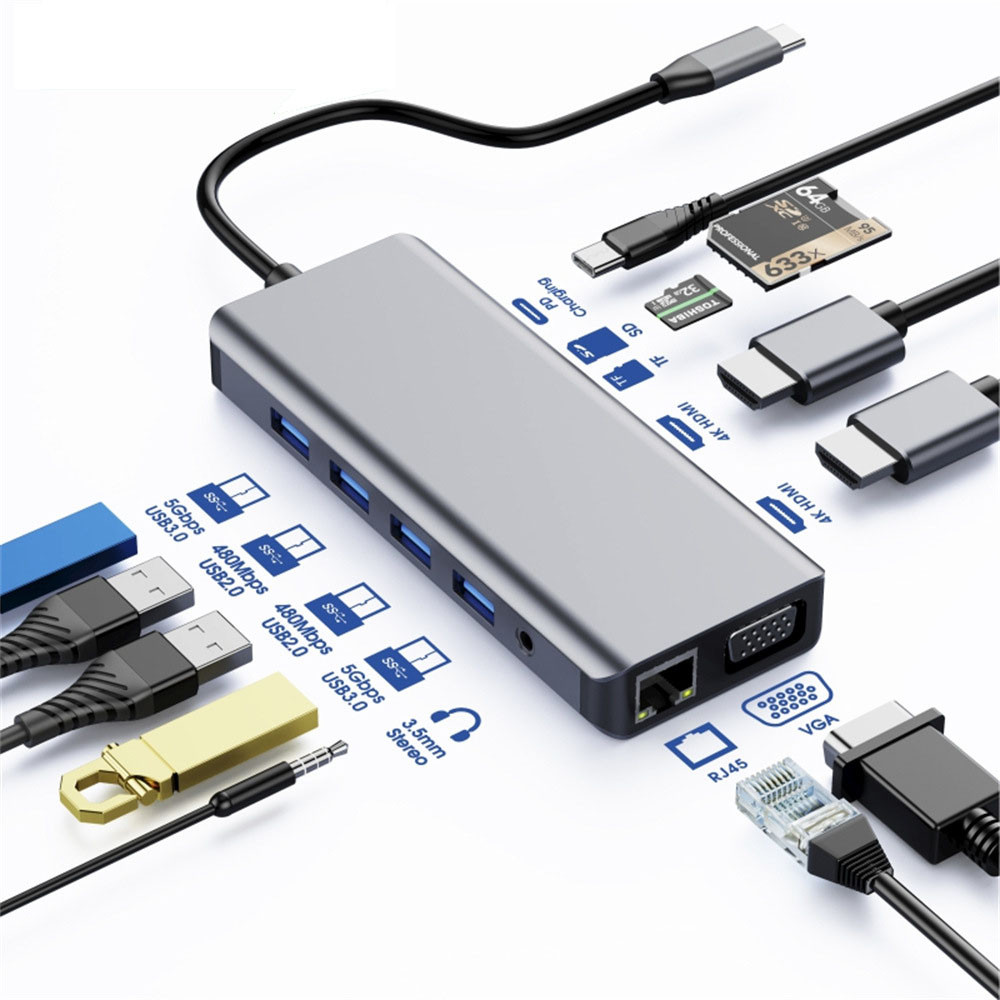 Astrotek AT-USBCDOCK12 USB-C Dock 12-in-1 Multiport Hub/Docking Station with 100W Power 2xHDMI 4K VGA GLAN 2xUSB3.0 2xUSB2.0 Card Reader for HP Lenovo Asus MacBook - Image 1