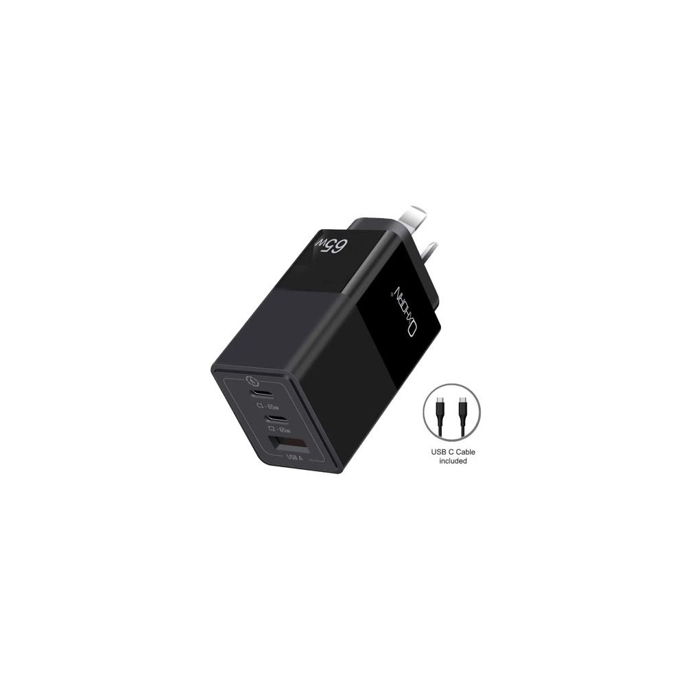 Just You PC NB-PD65CCAB Oxhorn 65W GaN Type C fast Charger 3 Port 2xUSB-C 1xUSB-A PD3.0 QC4.0 PPS AUS Approved C-tick Black with 1m cable - Image 1