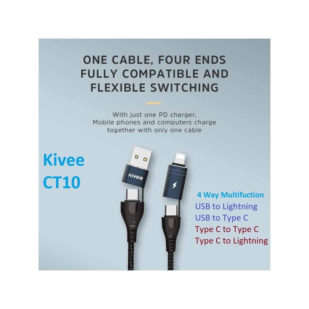 KIVEE 6941256112359 CT10 4 way Multi-function 5A Fast Charging Cable for Lightning/USB/USB-C - 1M Black - Image 1