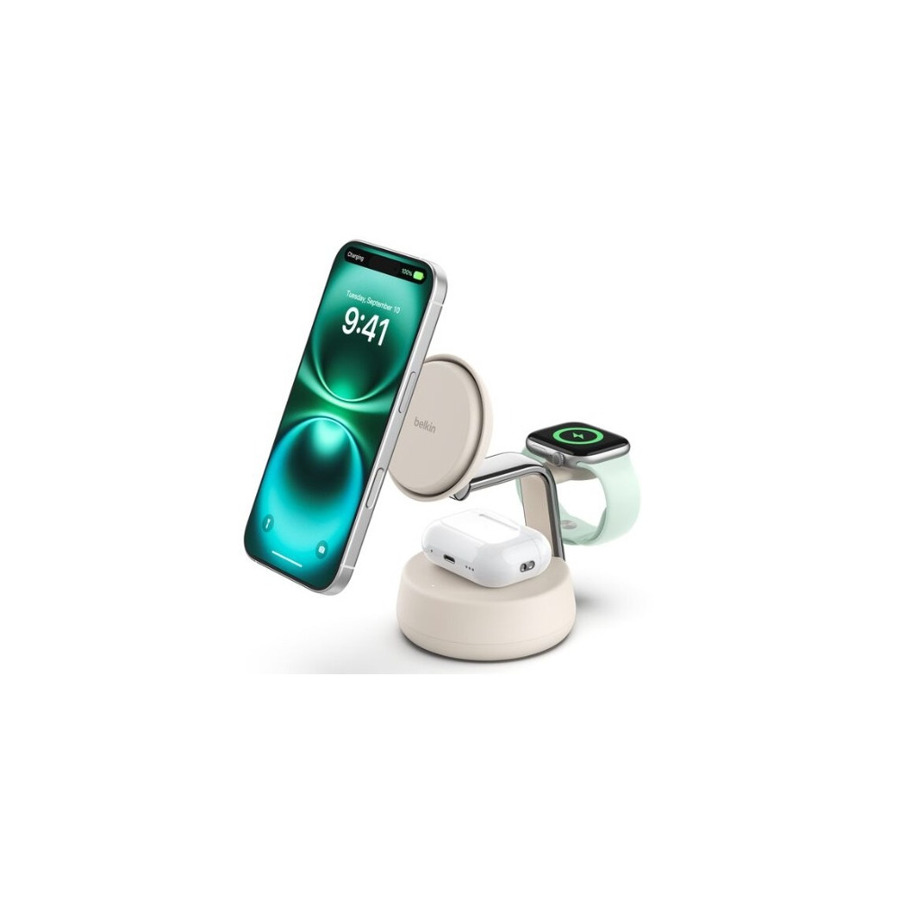 Belkin WIZ040AUSD UltraCharge Pro 3-in-1 Magnetic Charging Dock w/ Qi2 (25W) + 45W Wall Charger + USB-C Cable(1.5M)- Sand,$2500 CEW,2 Years Warranty - Image 1