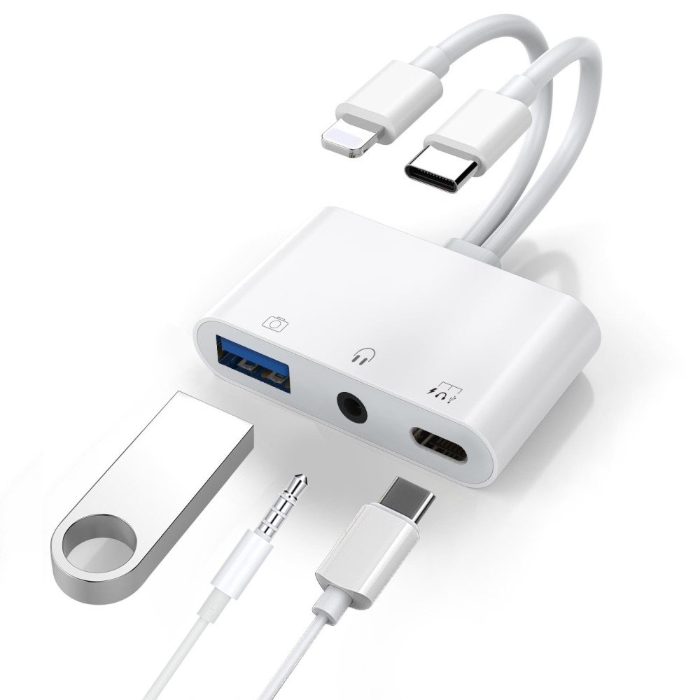 USP DPADAC35MM Lightning/USB-C to USB Adapter features a USB OTG Port, 3.5mm Headphone Jack & Fast-charging Port, 5 Years Warranty - Image 1