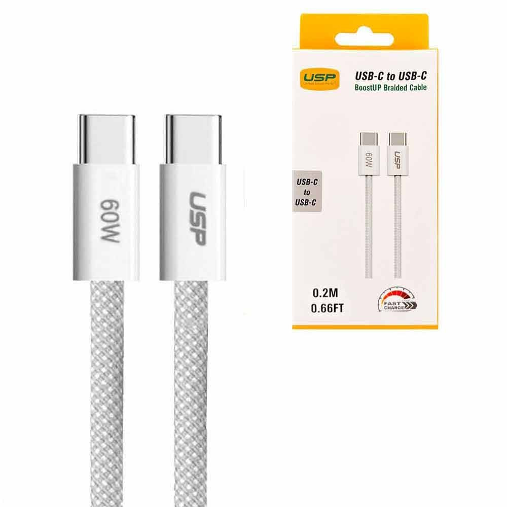 USP 6976552041485 BoostUp Braided USB-C to USB-C Cable (0.2M) - White, 3A/60W, 480Mbps, 40K+ Bends, Safe & Fast, Apple iPhone, Samsung Galaxy, 5 Years Warranty - Image 1