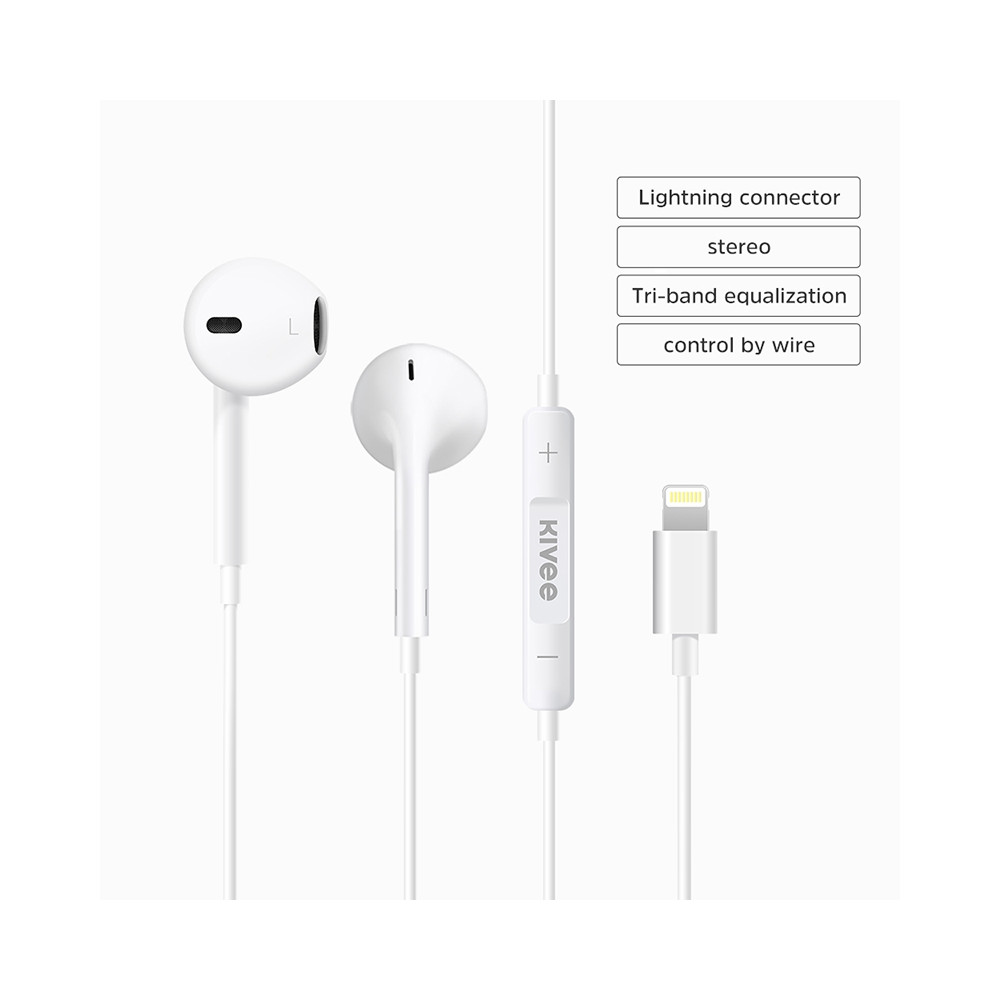 KIVEE 6941256101773 KV-MT30 Wired Half In Ear Lightning Interface HiFi Stereo Earphones with Mic1.2M White - Image 1