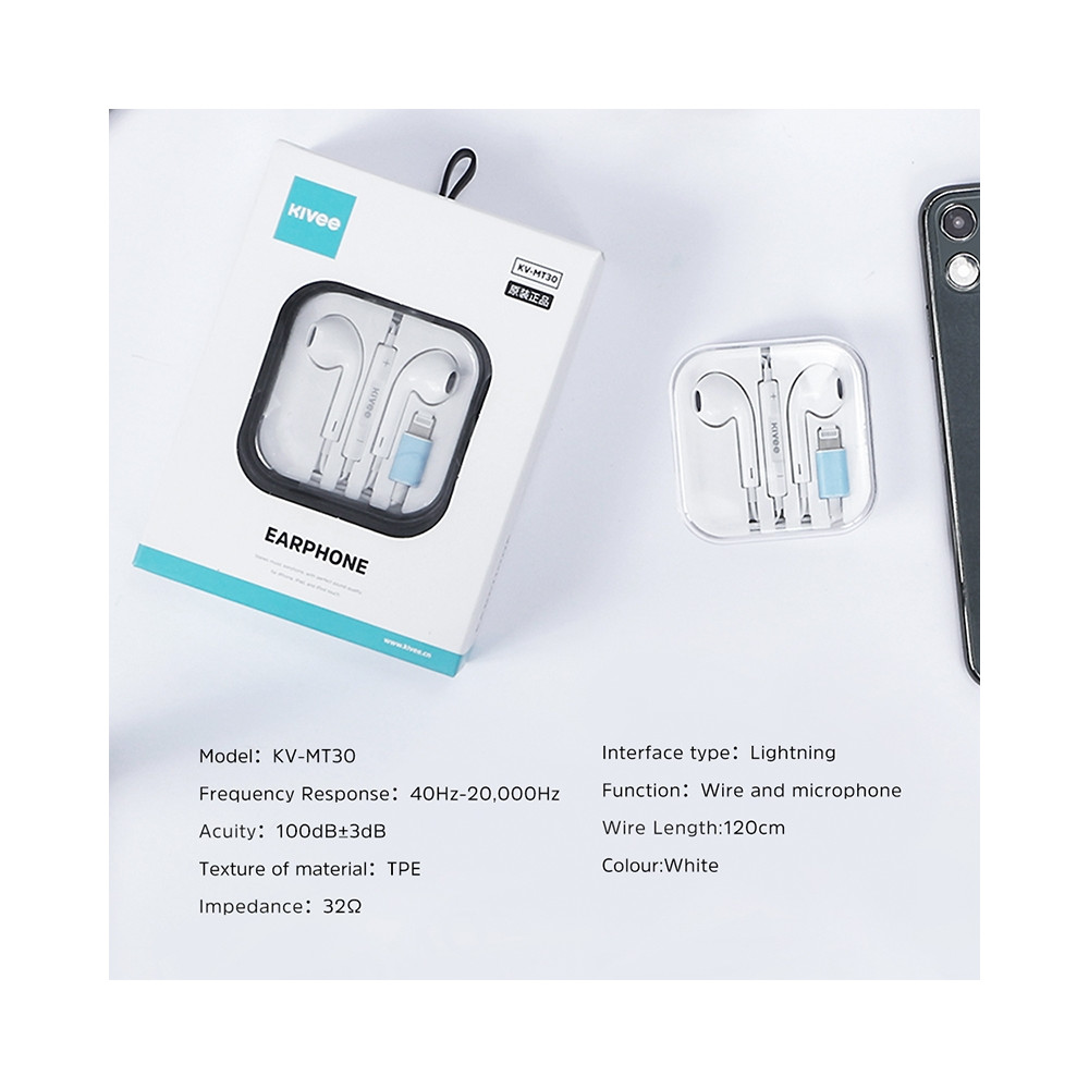 KIVEE 6941256101773 KV-MT30 Wired Half In Ear Lightning Interface HiFi Stereo Earphones with Mic1.2M White - Image 6