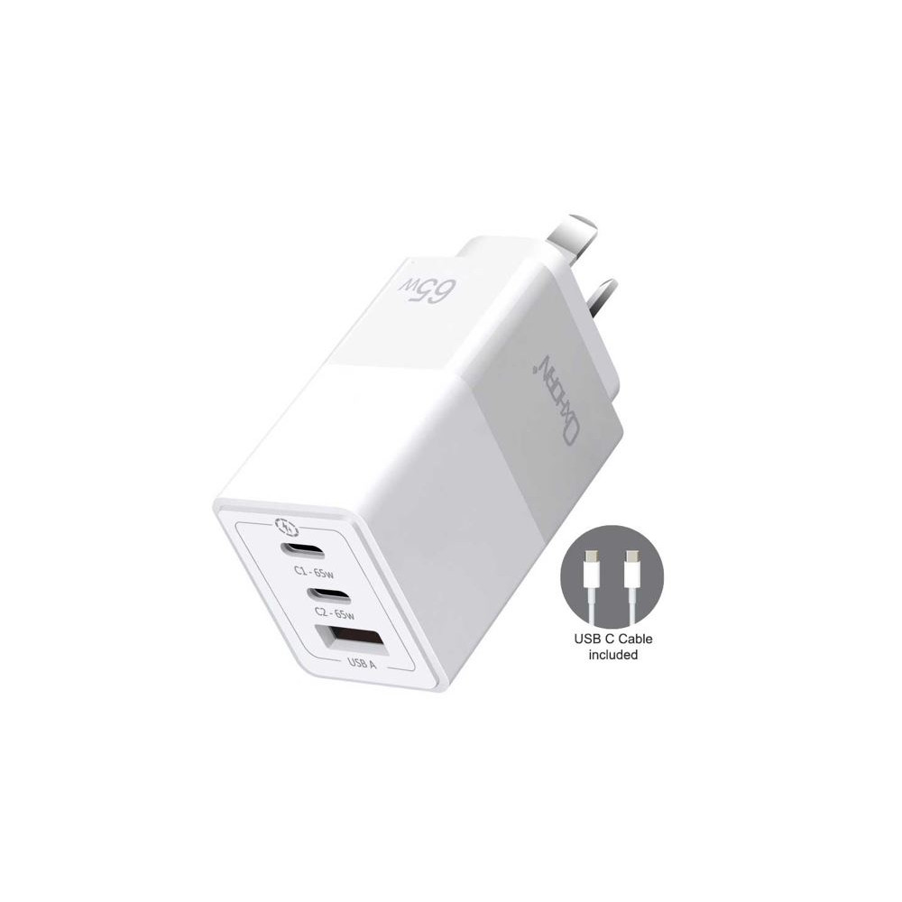 Just You PC NB-PD65CCAW Oxhorn 65W GaN Type C fast Charger 3 Port 2xUSB-C 1xUSB-A PD3.0 QC4.0 PPS AUS Approved C-tick White with cable - Image 1