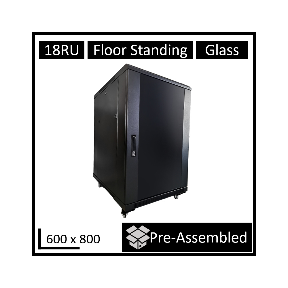 LDR WB-NC681815B Assembled 18U Server Rack Cabinet (600mm x 800mm) Glass Door, 1x 8-Port PDU, 1x 4-Way Fan, 2x Fixed Shelves - Black Metal Construction - Image 1