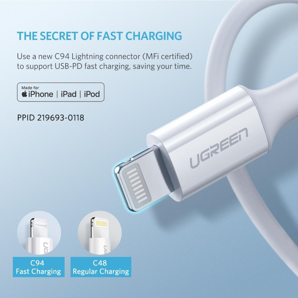 UGREEN 6957303814930 10493 MFI USB-C to Lightning Cable 1M White - Image 4