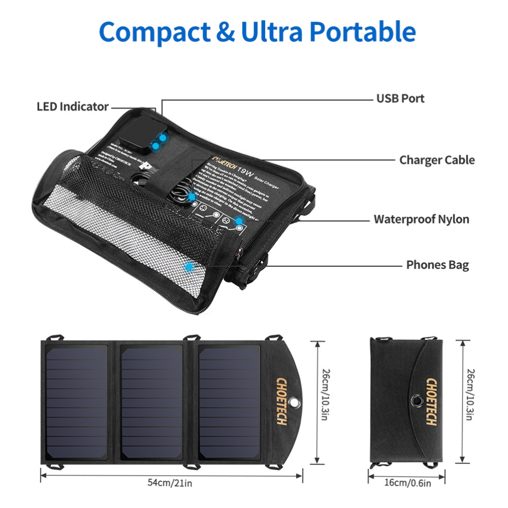 Choetech 6971824970470 SC001 Solar Panel 19W Portable Charger SunPower Panels Dual USB Charger for Camping, RV, Outdoors - Image 2