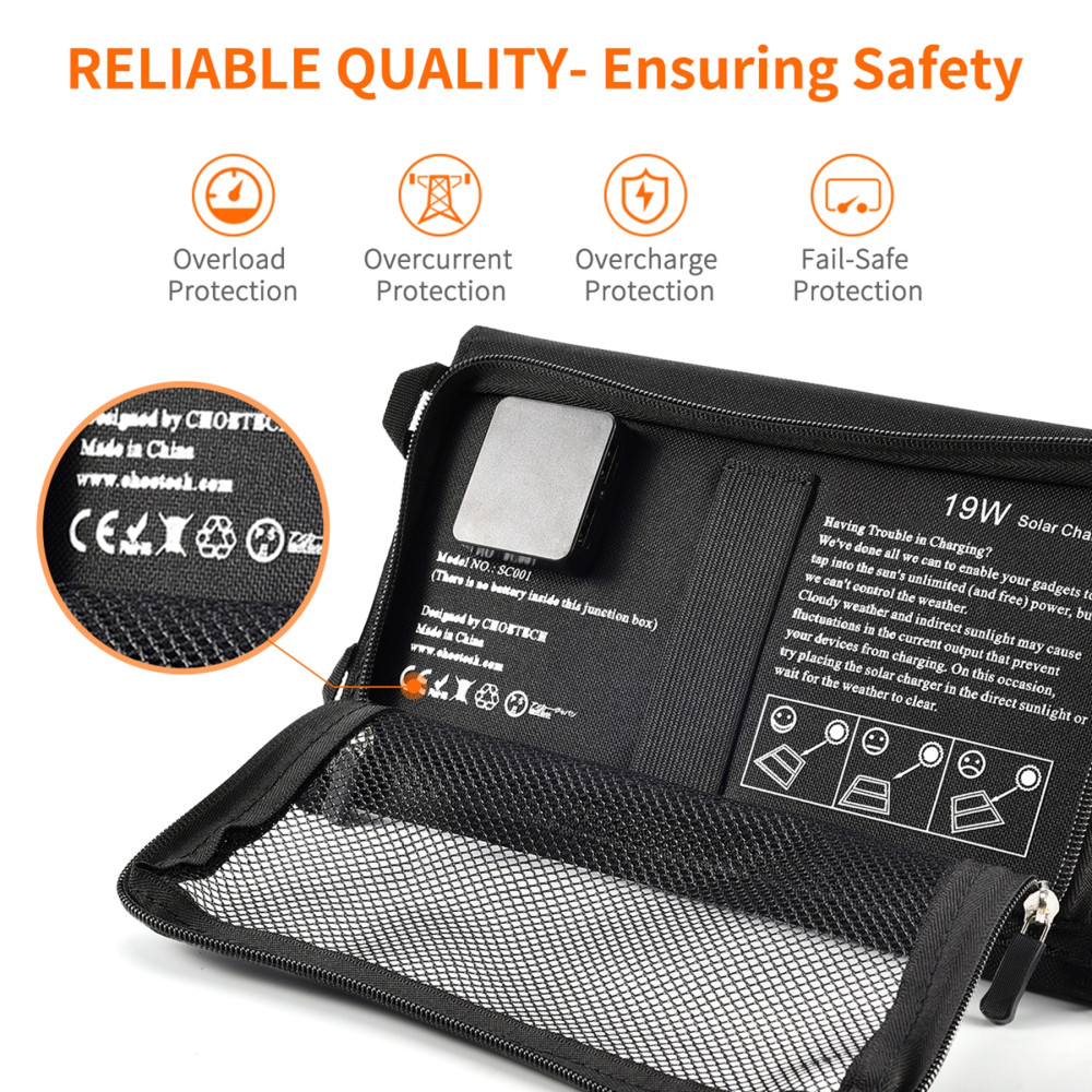 Choetech 6971824970470 SC001 Solar Panel 19W Portable Charger SunPower Panels Dual USB Charger for Camping, RV, Outdoors - Image 6